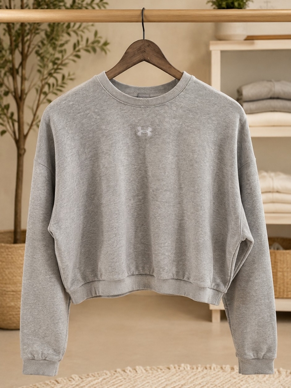 Under Armour Rival Fleece Piped Cropped Crew Sweatshirt Heather Gray YXL WomenXS